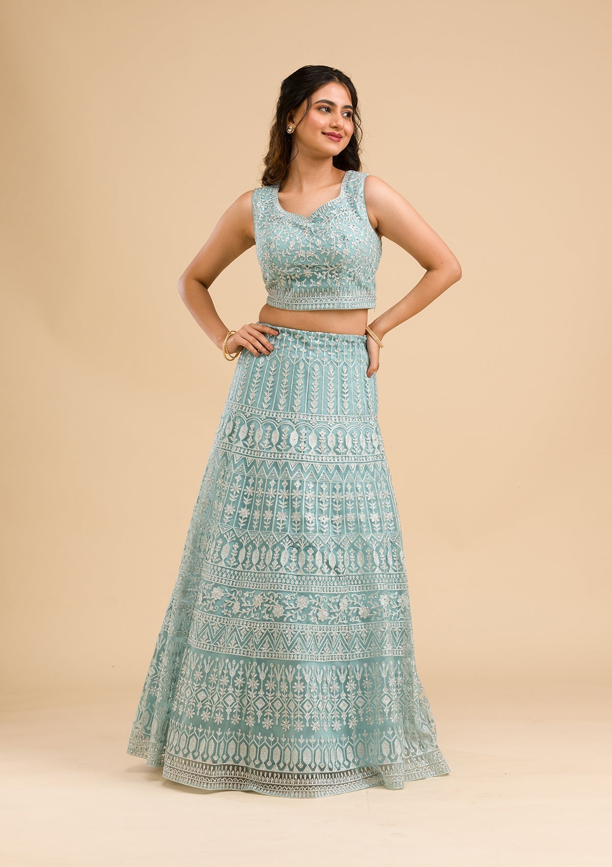 Sky Blue Threadwork Net Readymade Lehenga-Koskii