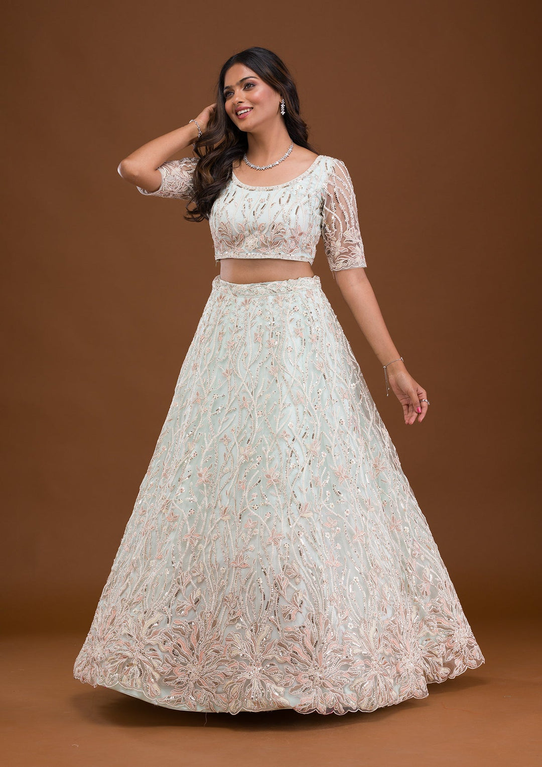 Sky Blue Threadwork Net Readymade Lehenga-Koskii