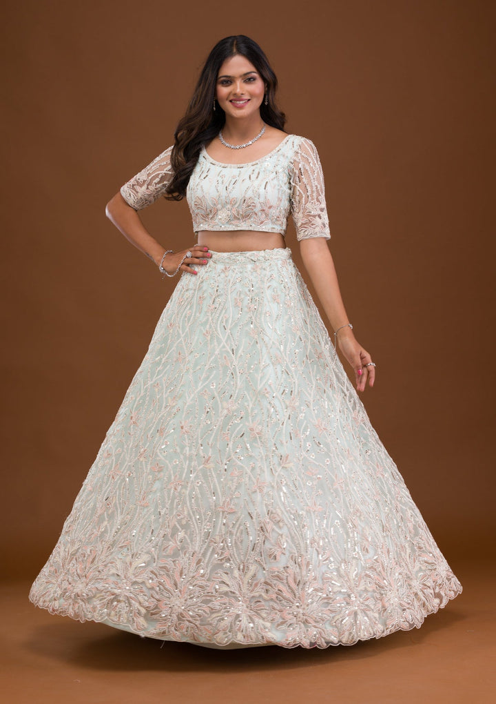 Sky Blue Threadwork Net Readymade Lehenga-Koskii