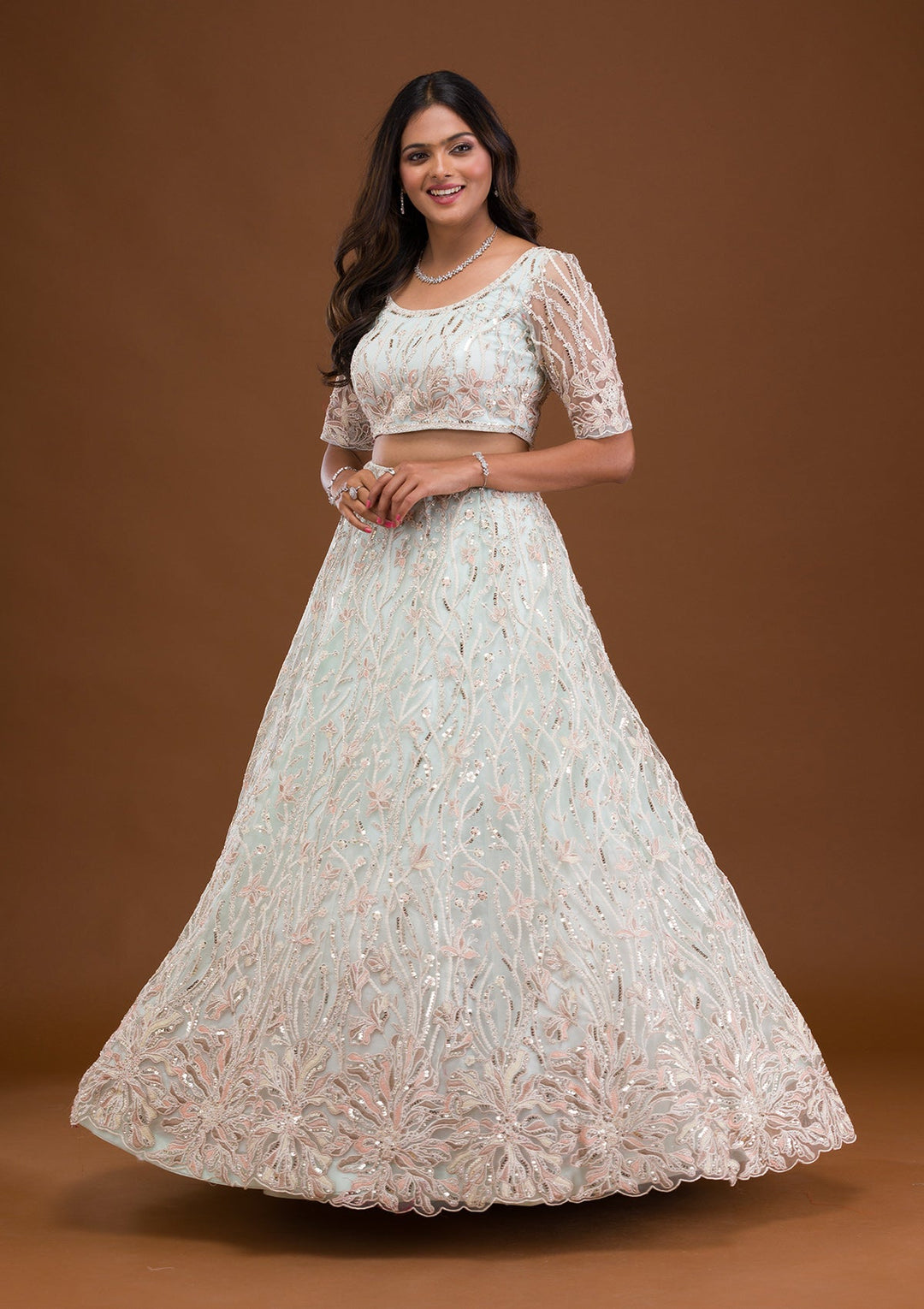 Sky Blue Threadwork Net Readymade Lehenga-Koskii