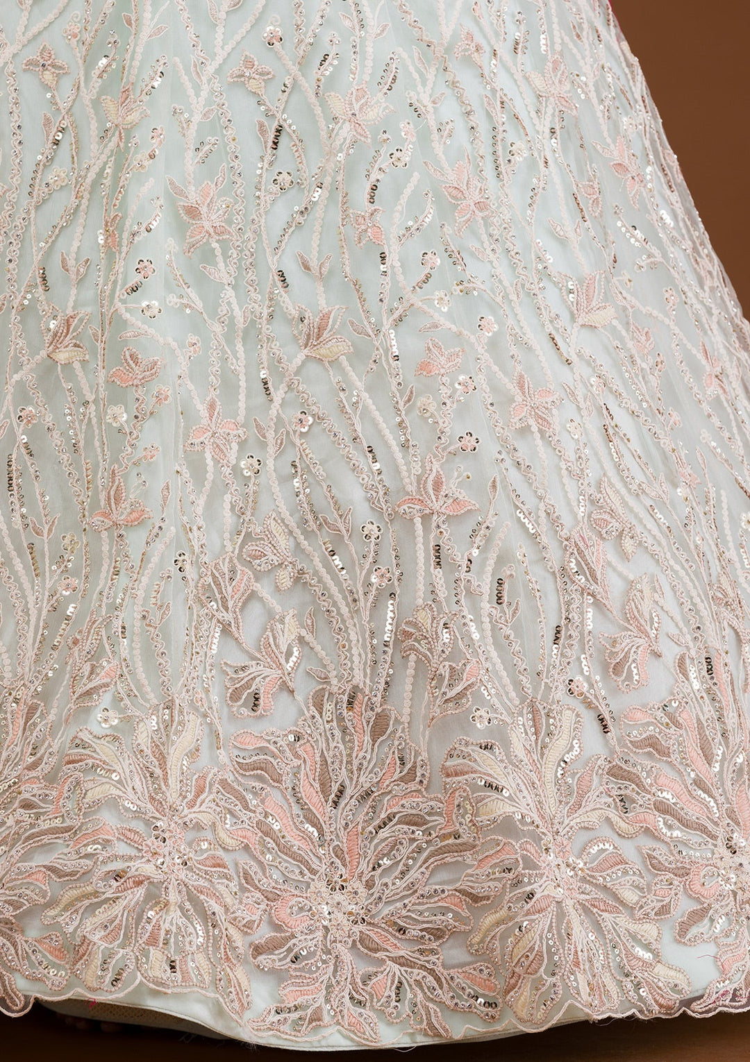 Sky Blue Threadwork Net Readymade Lehenga-Koskii