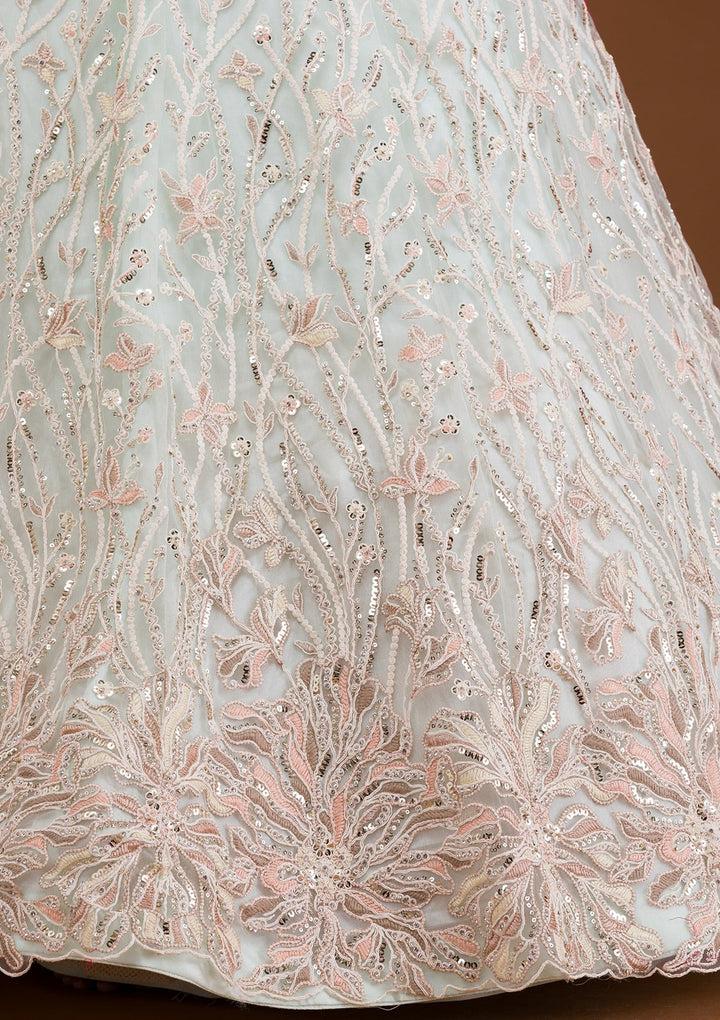 Sky Blue Threadwork Net Readymade Lehenga-Koskii
