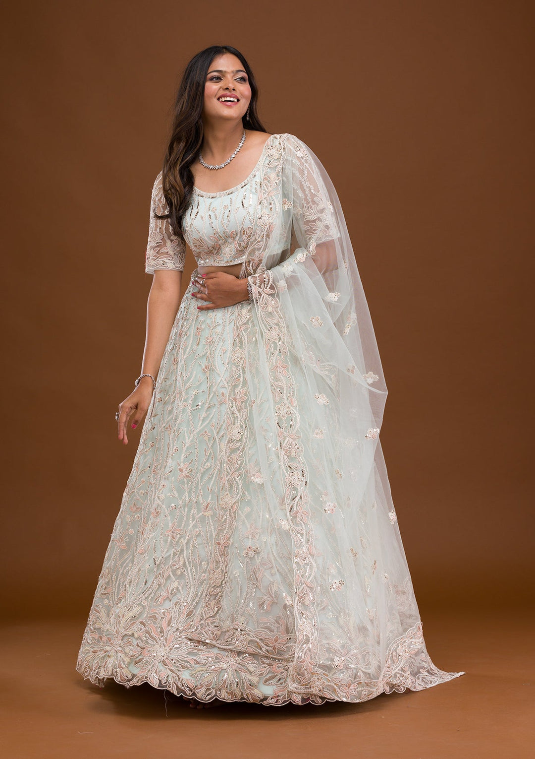 Sky Blue Threadwork Net Readymade Lehenga-Koskii
