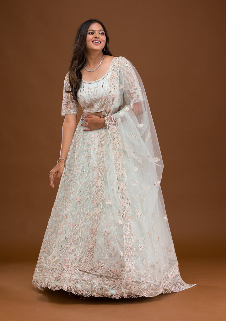 Sky Blue Threadwork Net Readymade Lehenga-Koskii
