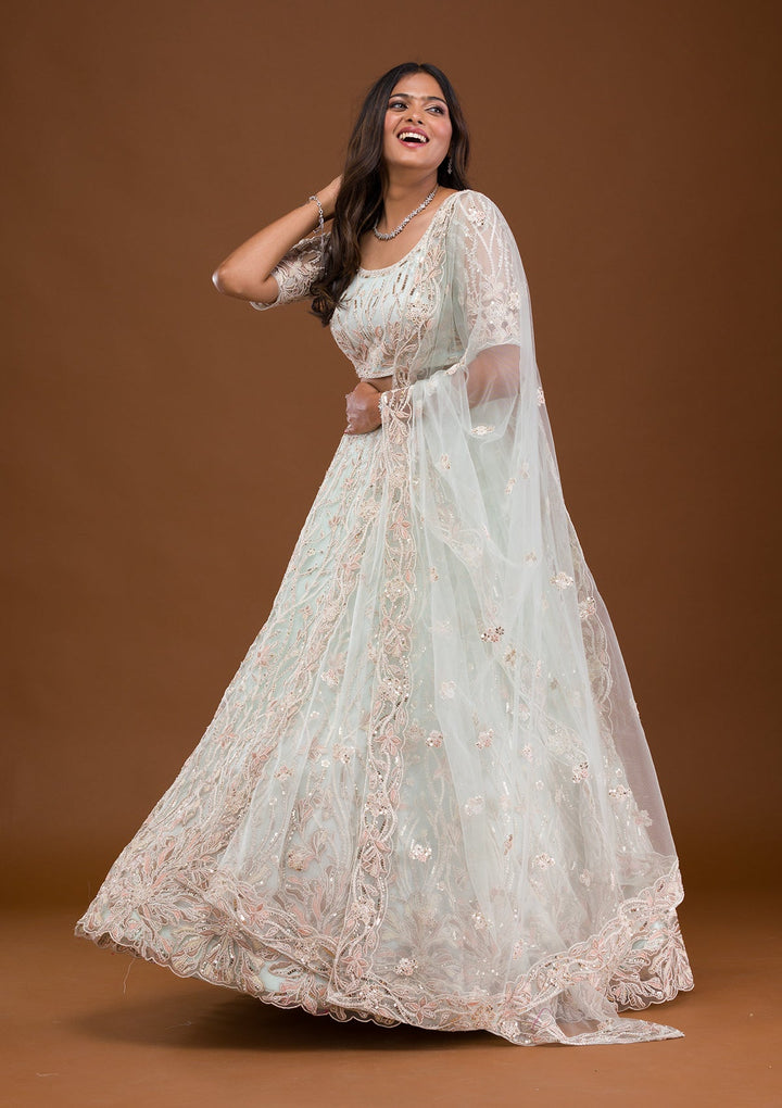Sky Blue Threadwork Net Readymade Lehenga-Koskii