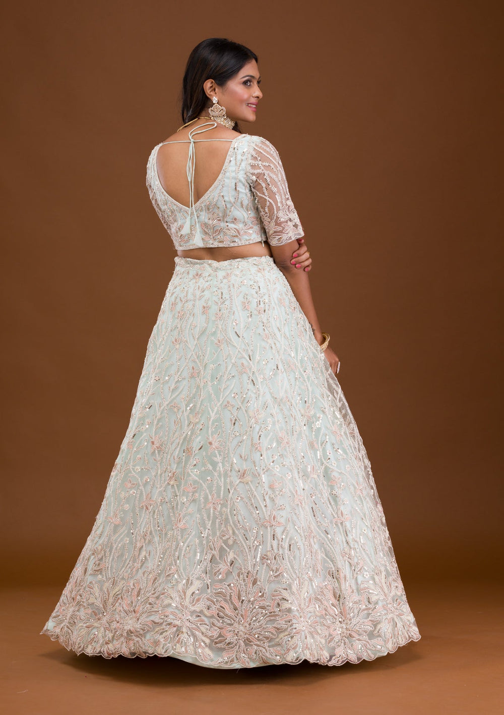 Sky Blue Threadwork Net Readymade Lehenga-Koskii