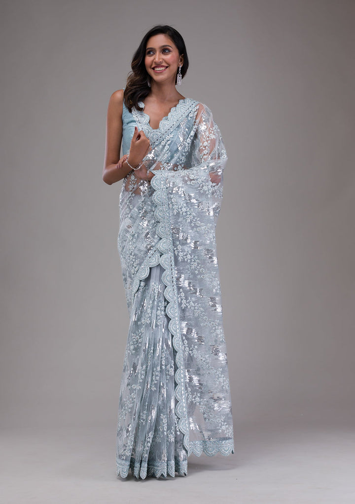 Sky Blue Threadwork Net Saree-Koskii