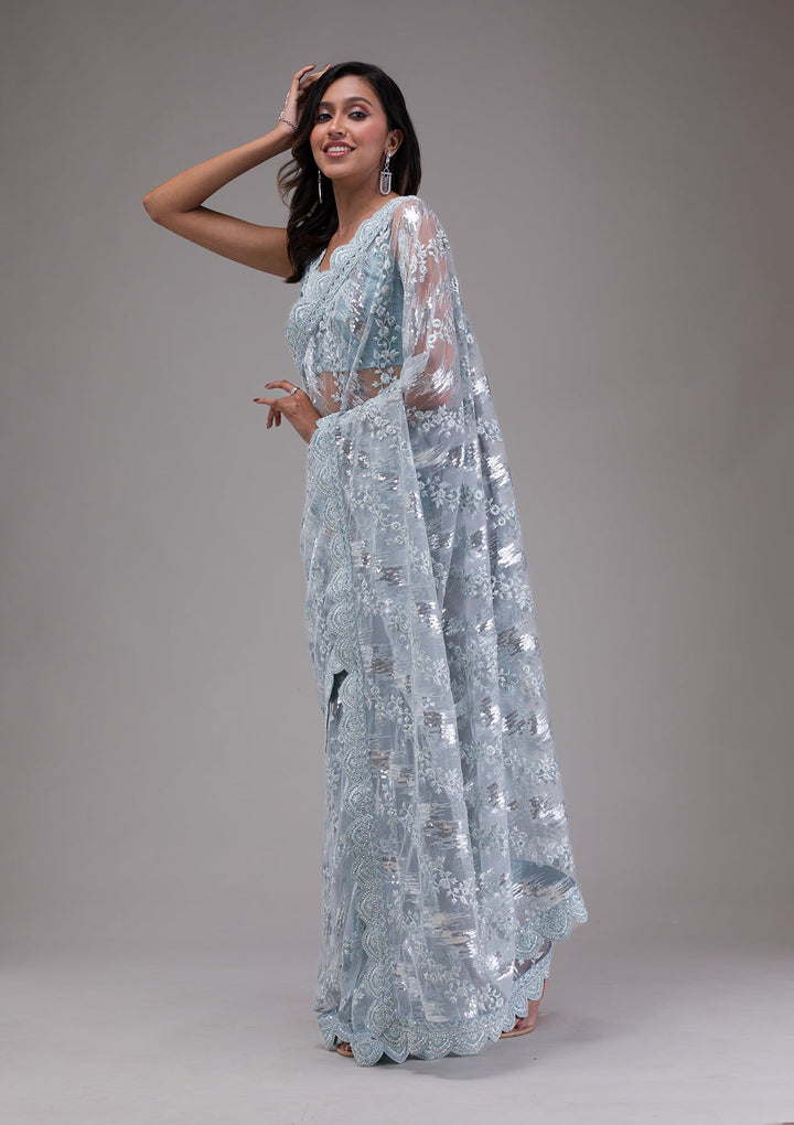 Sky Blue Threadwork Net Saree-Koskii