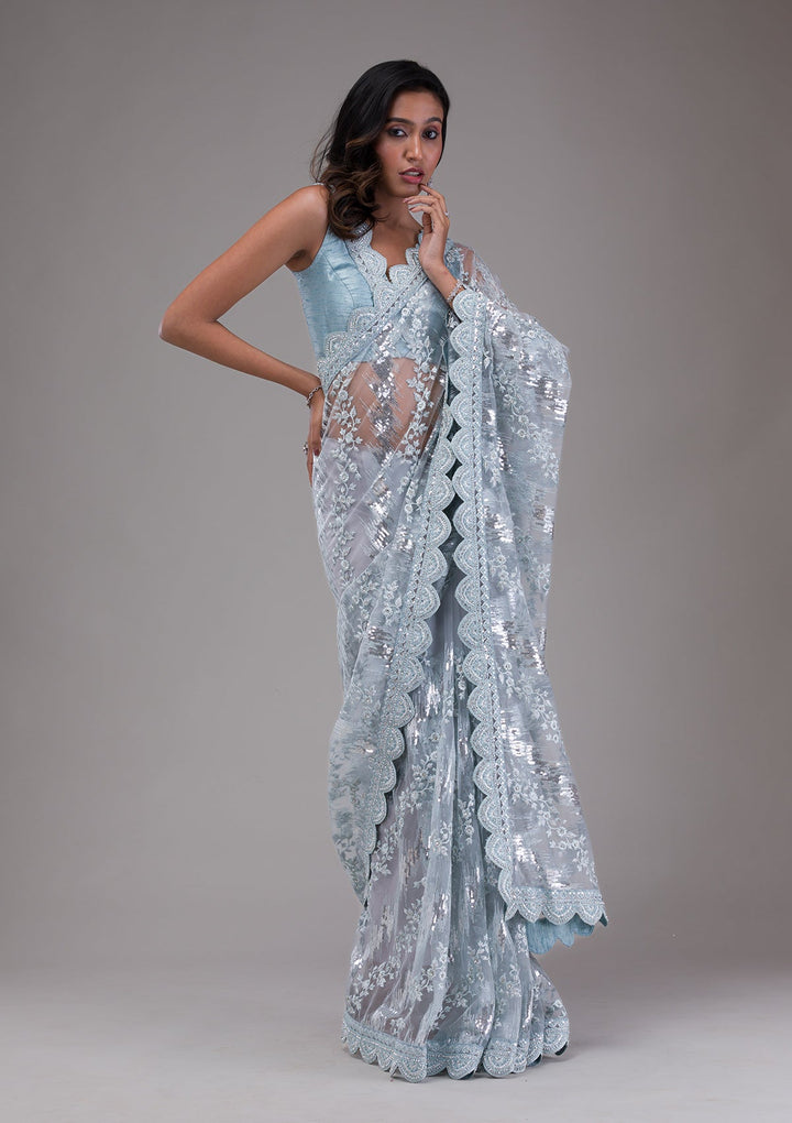 Sky Blue Threadwork Net Saree-Koskii
