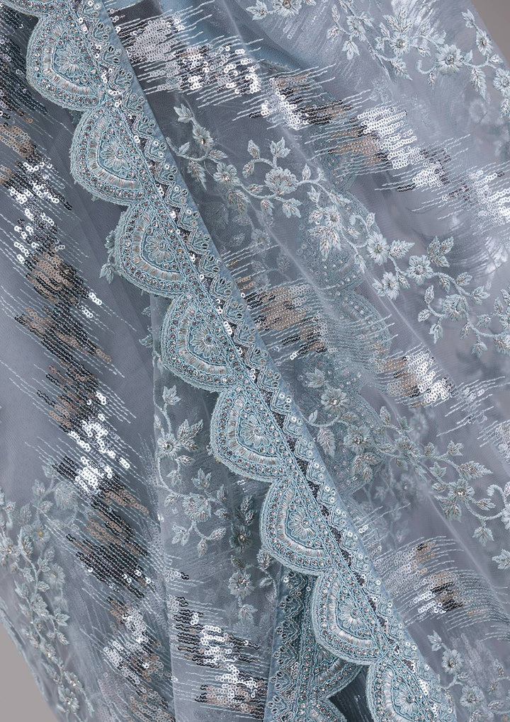 Sky Blue Threadwork Net Saree-Koskii