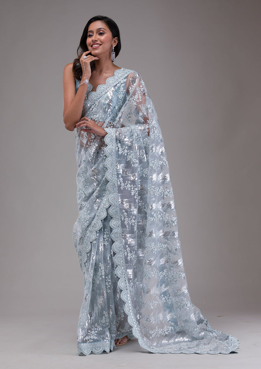 Sky Blue Threadwork Net Saree-Koskii