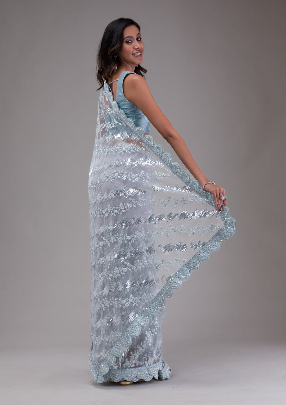 Sky Blue Threadwork Net Saree-Koskii