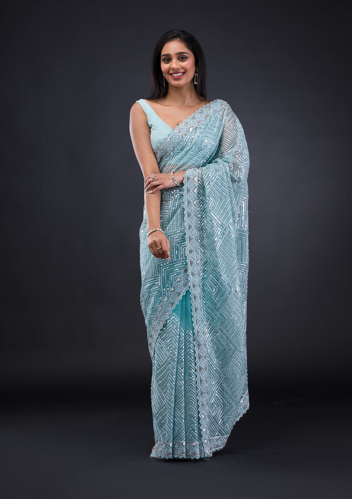 Sky Blue Threadwork Net Saree-Koskii
