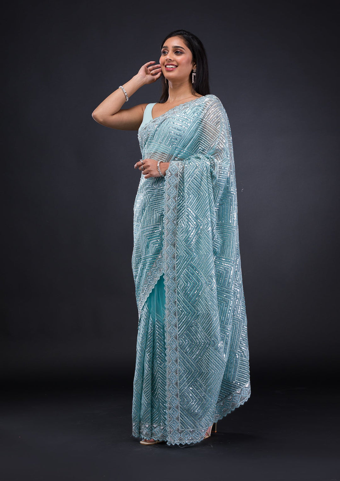 Sky Blue Threadwork Net Saree-Koskii