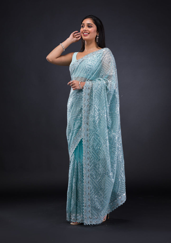 Sky Blue Threadwork Net Saree-Koskii