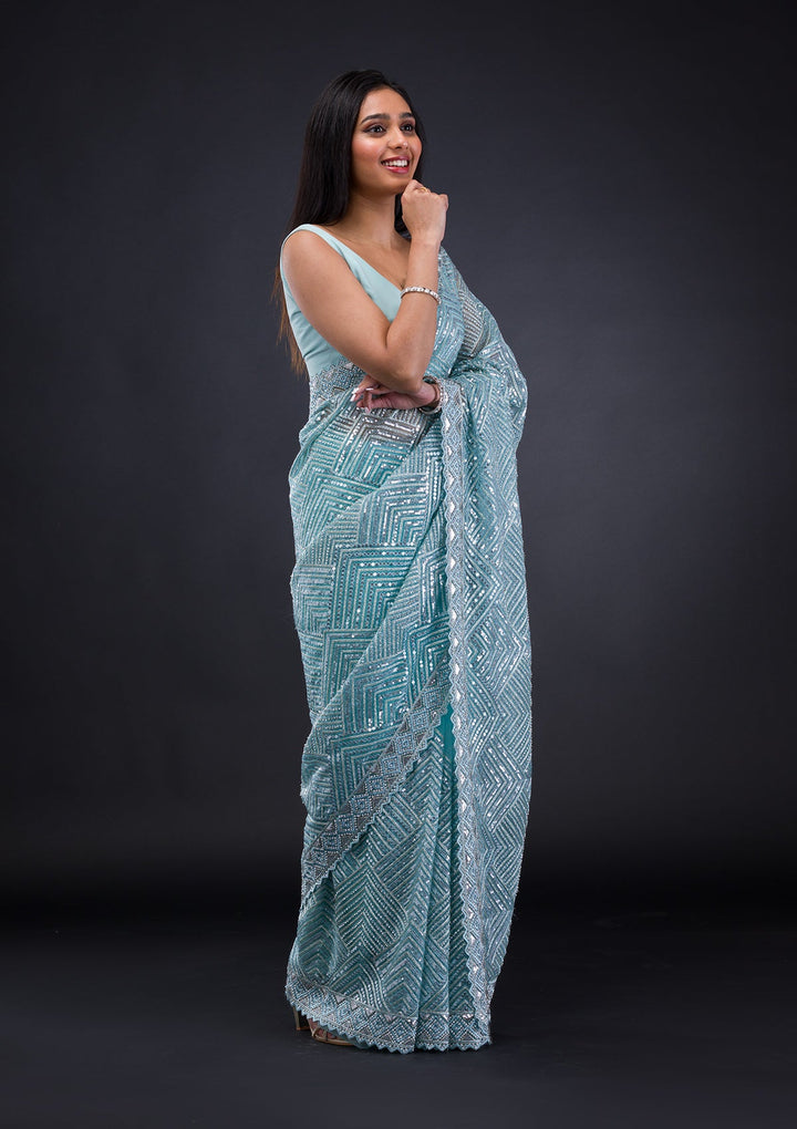 Sky Blue Threadwork Net Saree-Koskii