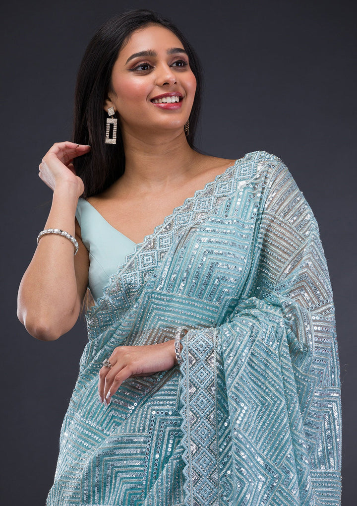 Sky Blue Threadwork Net Saree-Koskii