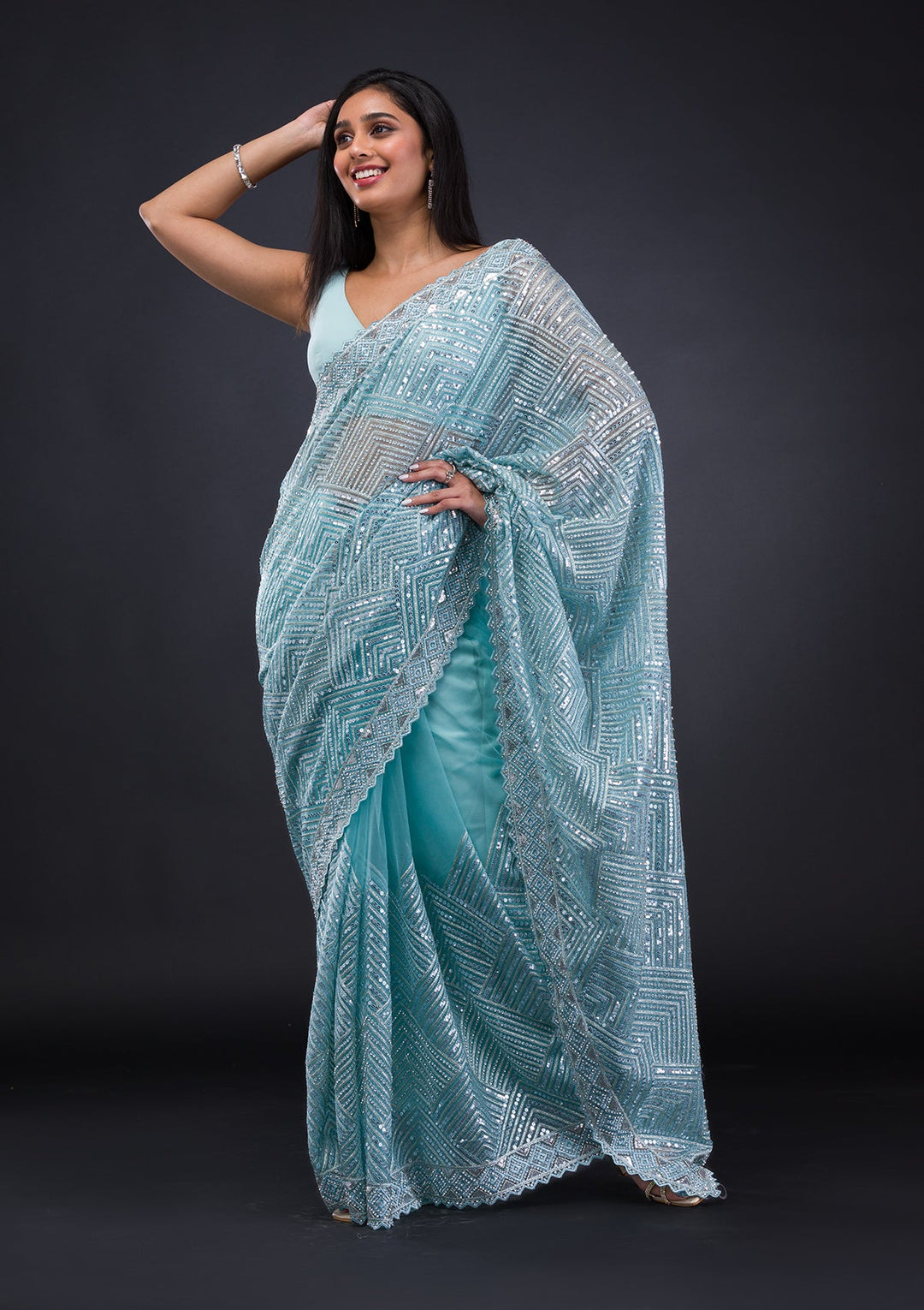 Sky Blue Threadwork Net Saree-Koskii