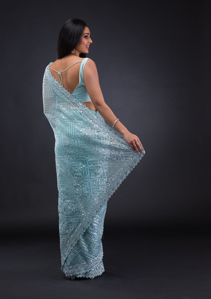 Sky Blue Threadwork Net Saree-Koskii