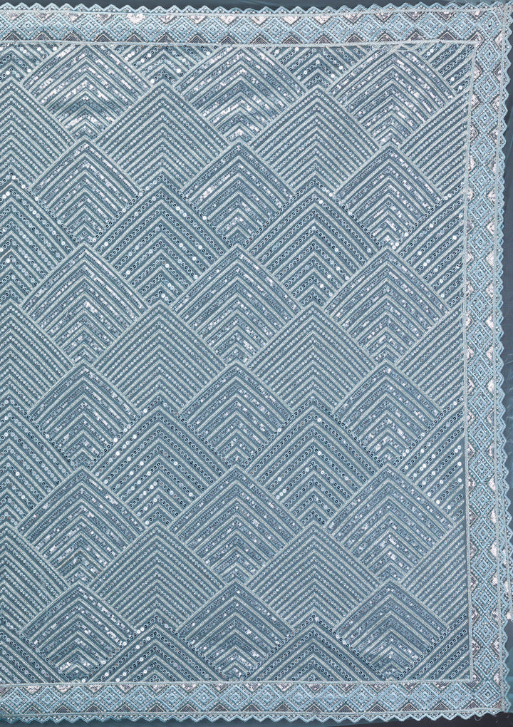 Sky Blue Threadwork Net Saree-Koskii