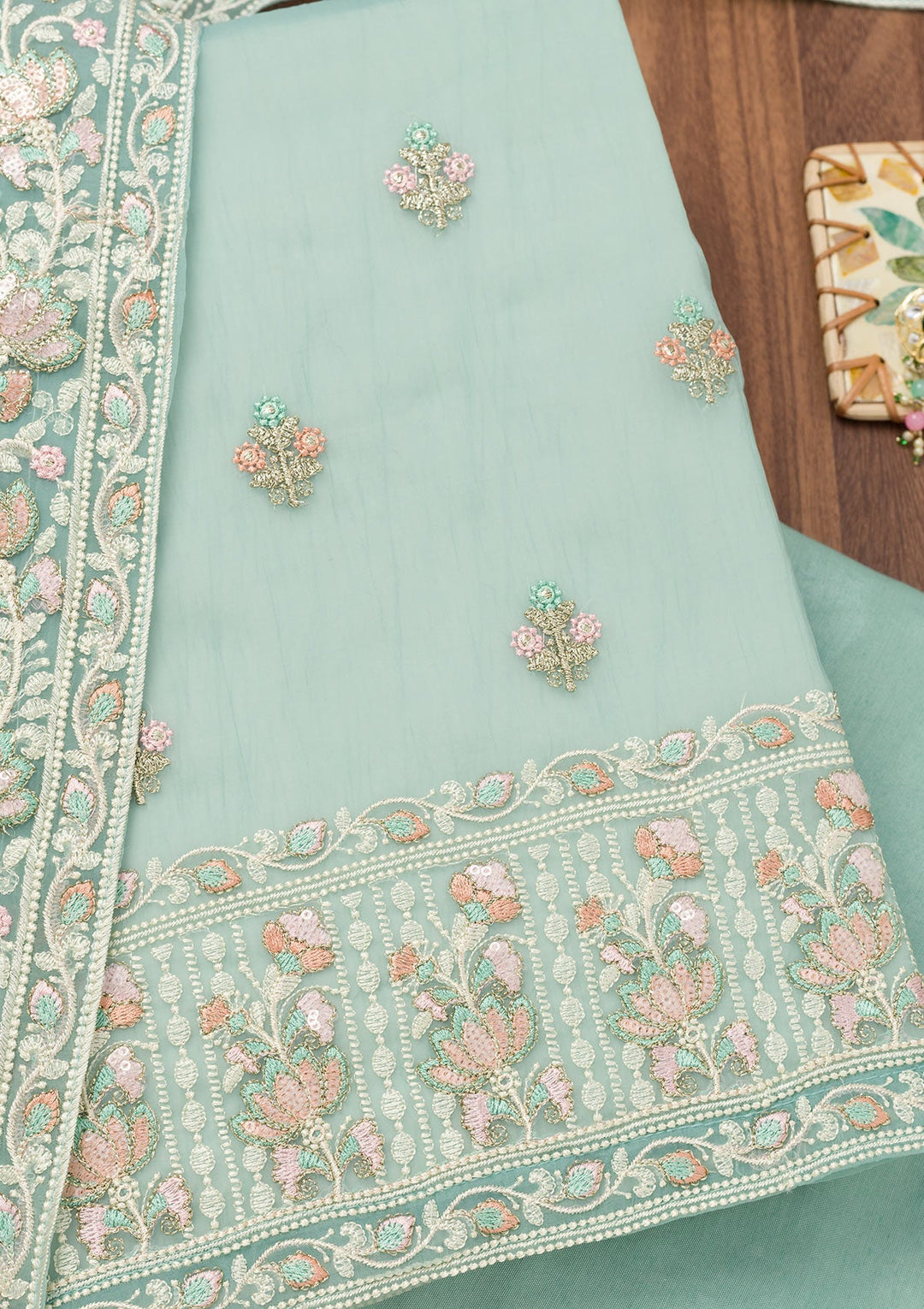 Sky Blue Threadwork Organza Unstitched Salwar Suit-Koskii