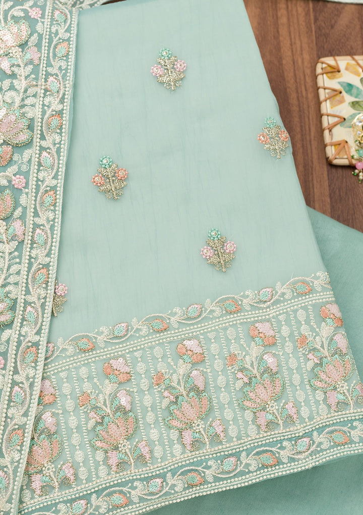 Sky Blue Threadwork Organza Unstitched Salwar Suit-Koskii