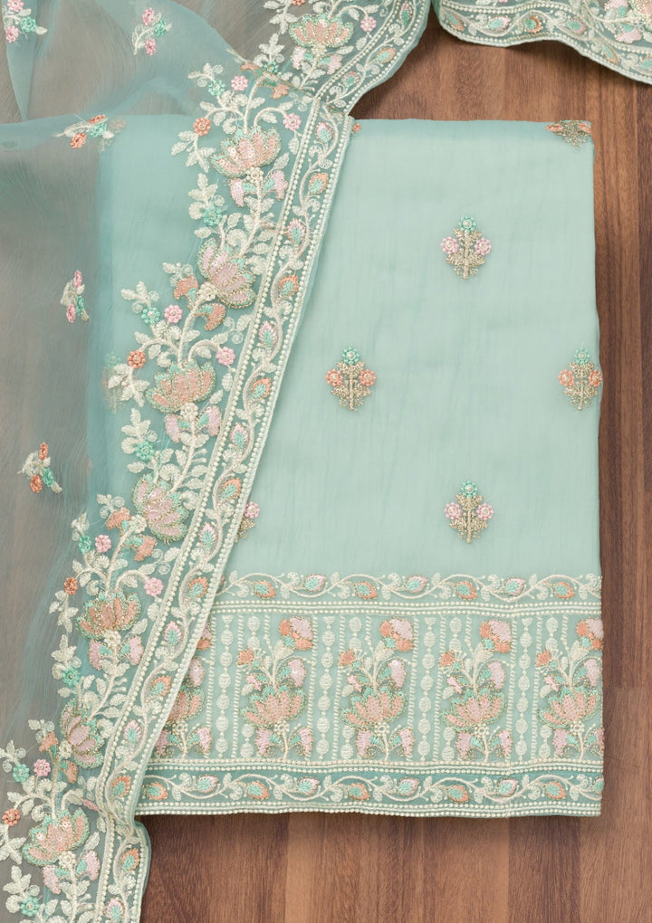 Sky Blue Threadwork Organza Unstitched Salwar Suit-Koskii