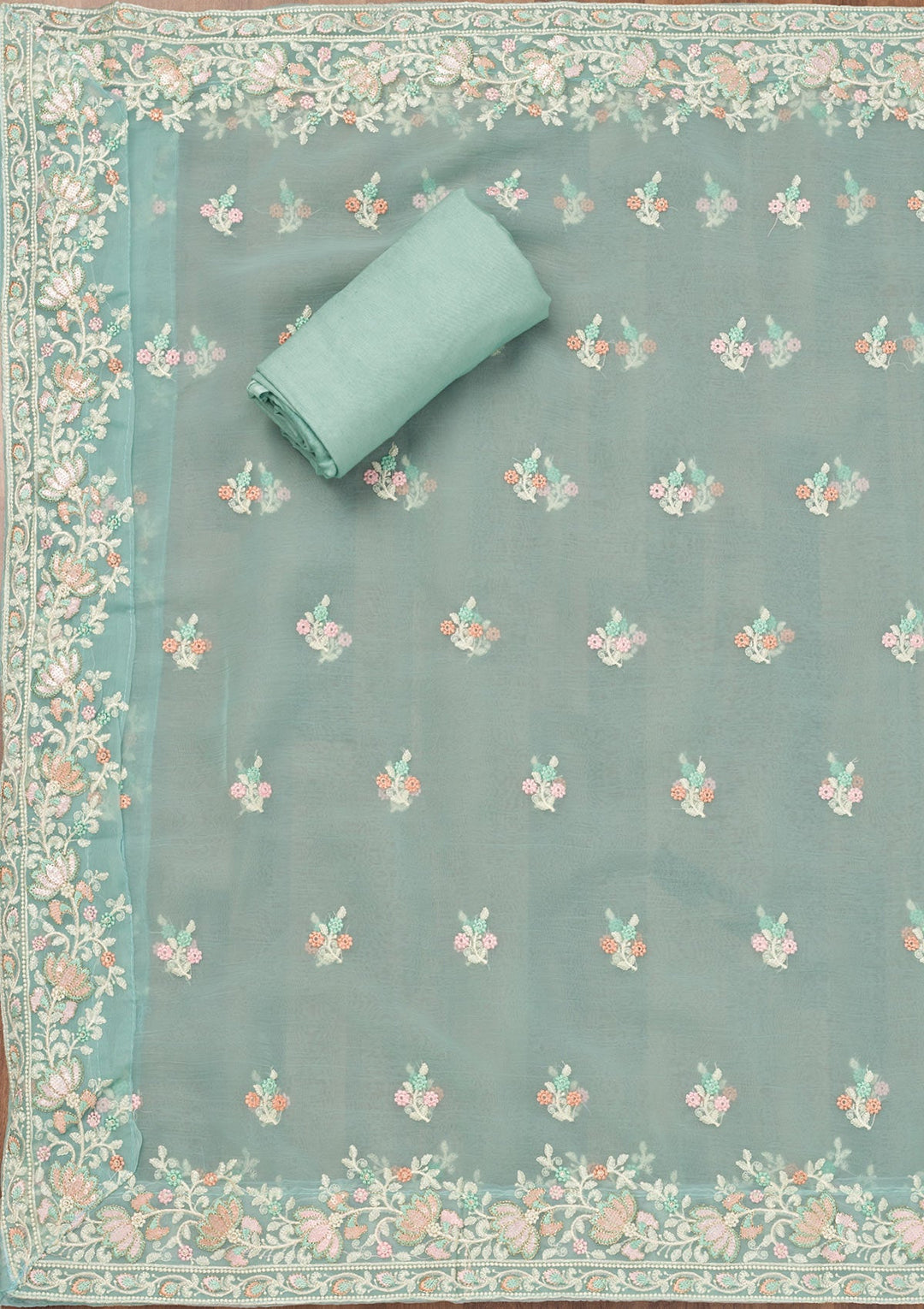 Sky Blue Threadwork Organza Unstitched Salwar Suit-Koskii