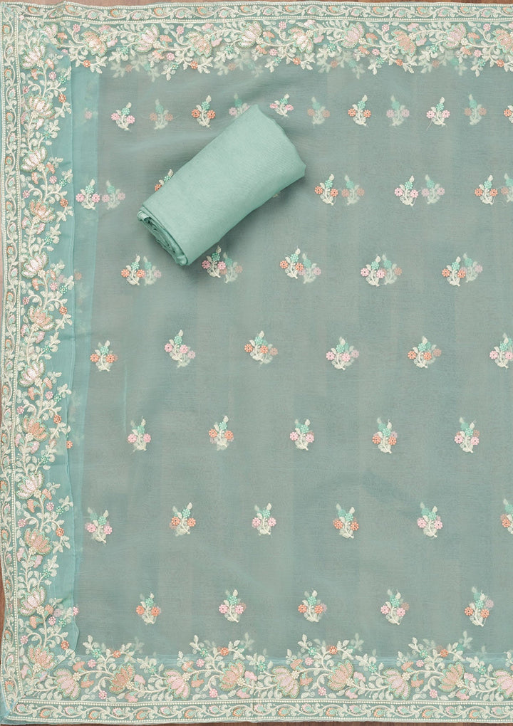 Sky Blue Threadwork Organza Unstitched Salwar Suit-Koskii