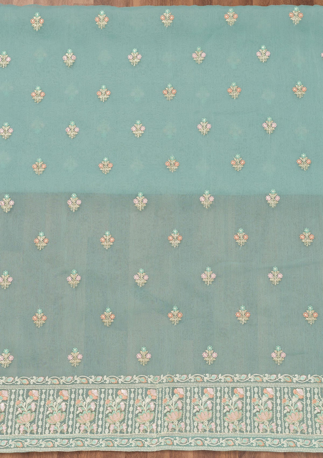 Sky Blue Threadwork Organza Unstitched Salwar Suit-Koskii