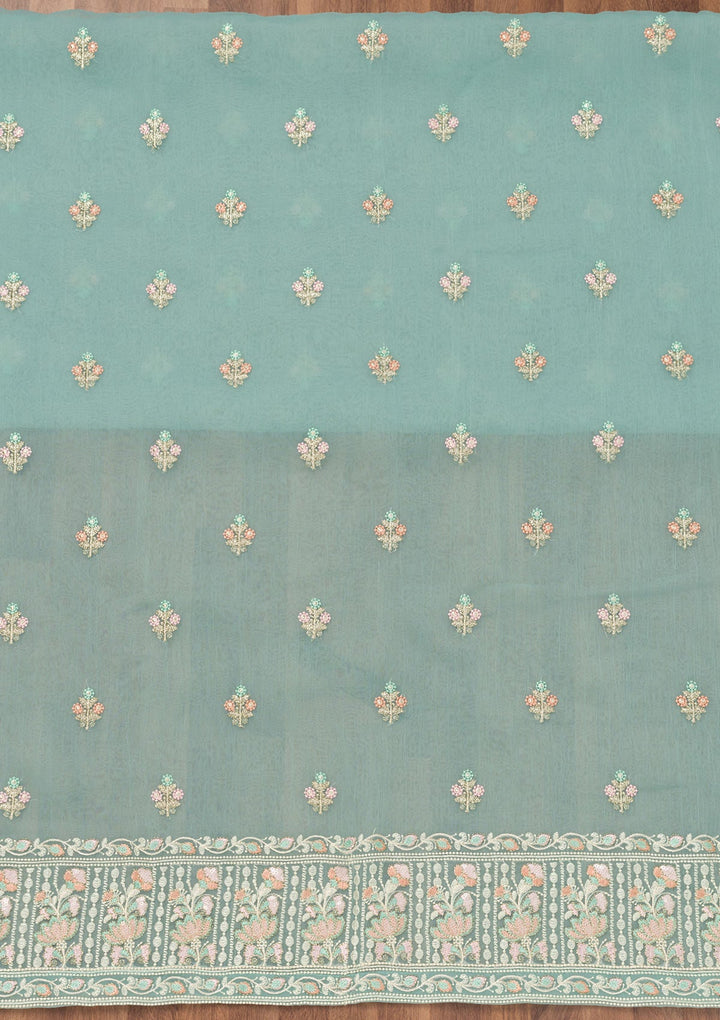 Sky Blue Threadwork Organza Unstitched Salwar Suit-Koskii
