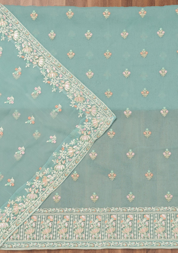 Sky Blue Threadwork Organza Unstitched Salwar Suit-Koskii