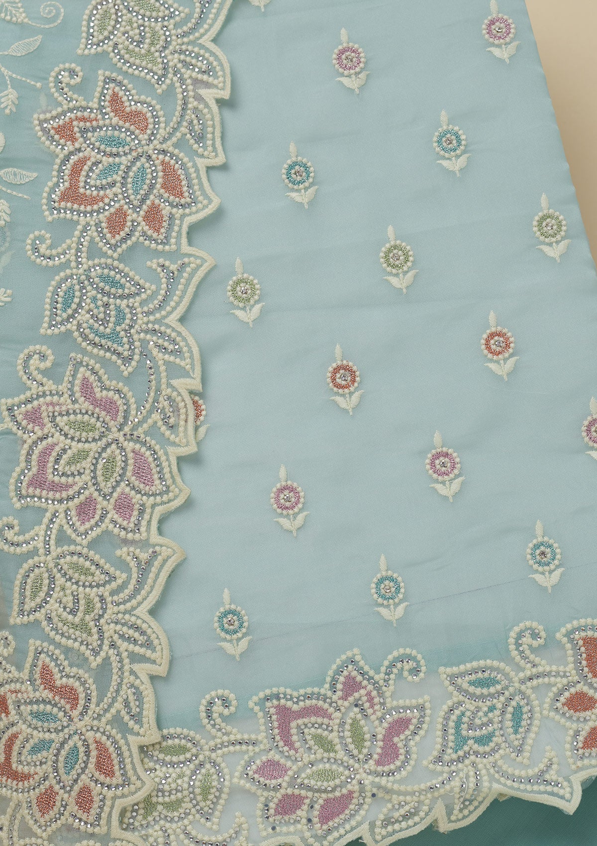 Sky Blue Threadwork Organza Unstitched Salwar Suit-Koskii