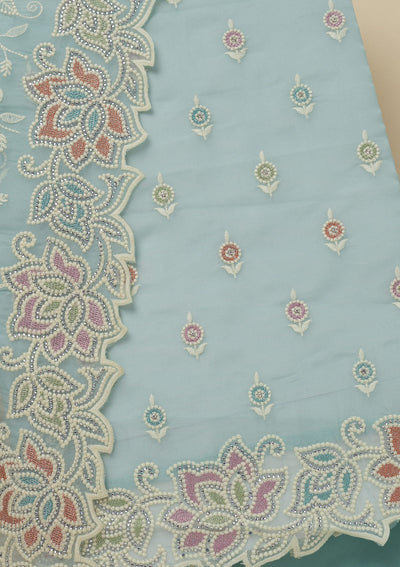 Sky Blue Threadwork Organza Unstitched Salwar Suit-Koskii