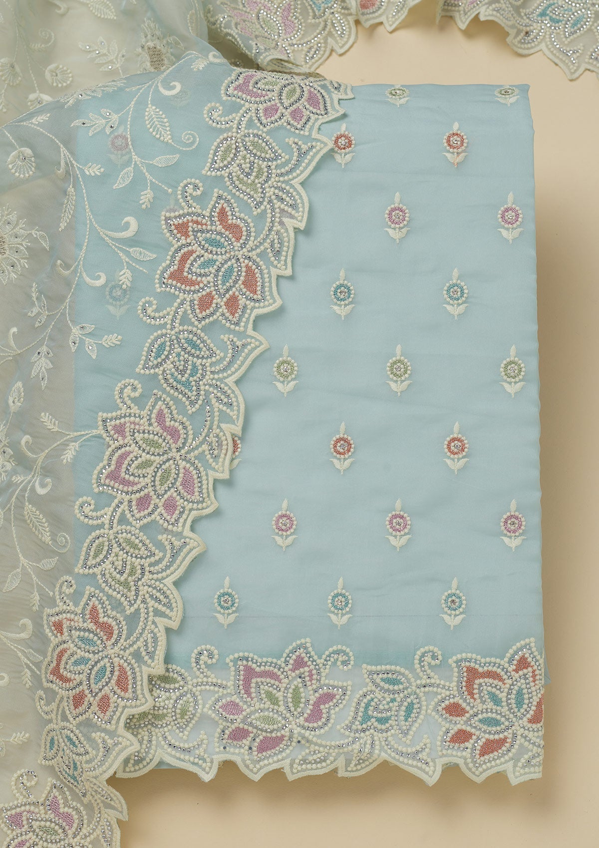 Sky Blue Threadwork Organza Unstitched Salwar Suit-Koskii