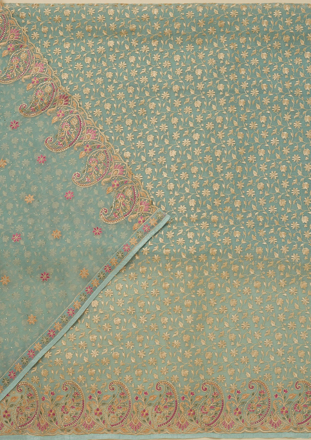 Sky Blue Threadwork Organza Unstitched Salwar Suit-Koskii