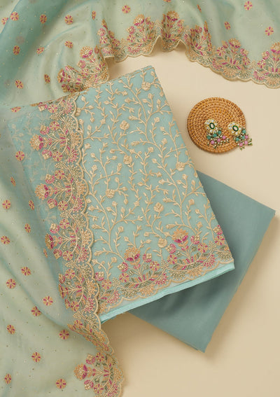 Sky Blue Threadwork Organza Unstitched Salwar Suit-Koskii