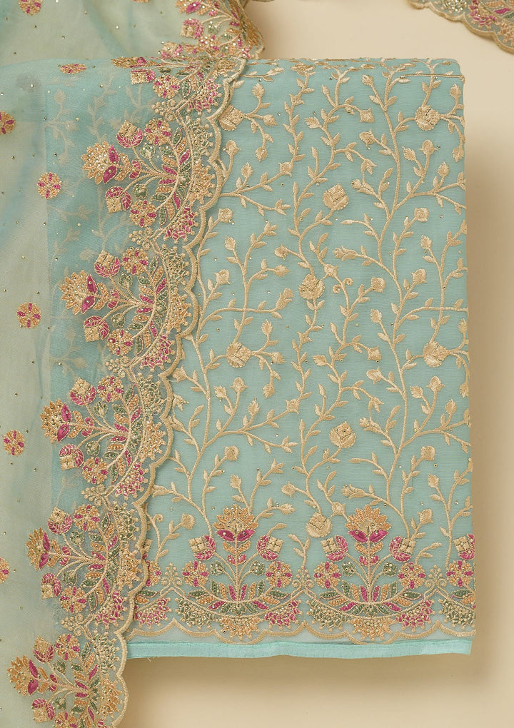 Sky Blue Threadwork Organza Unstitched Salwar Suit-Koskii
