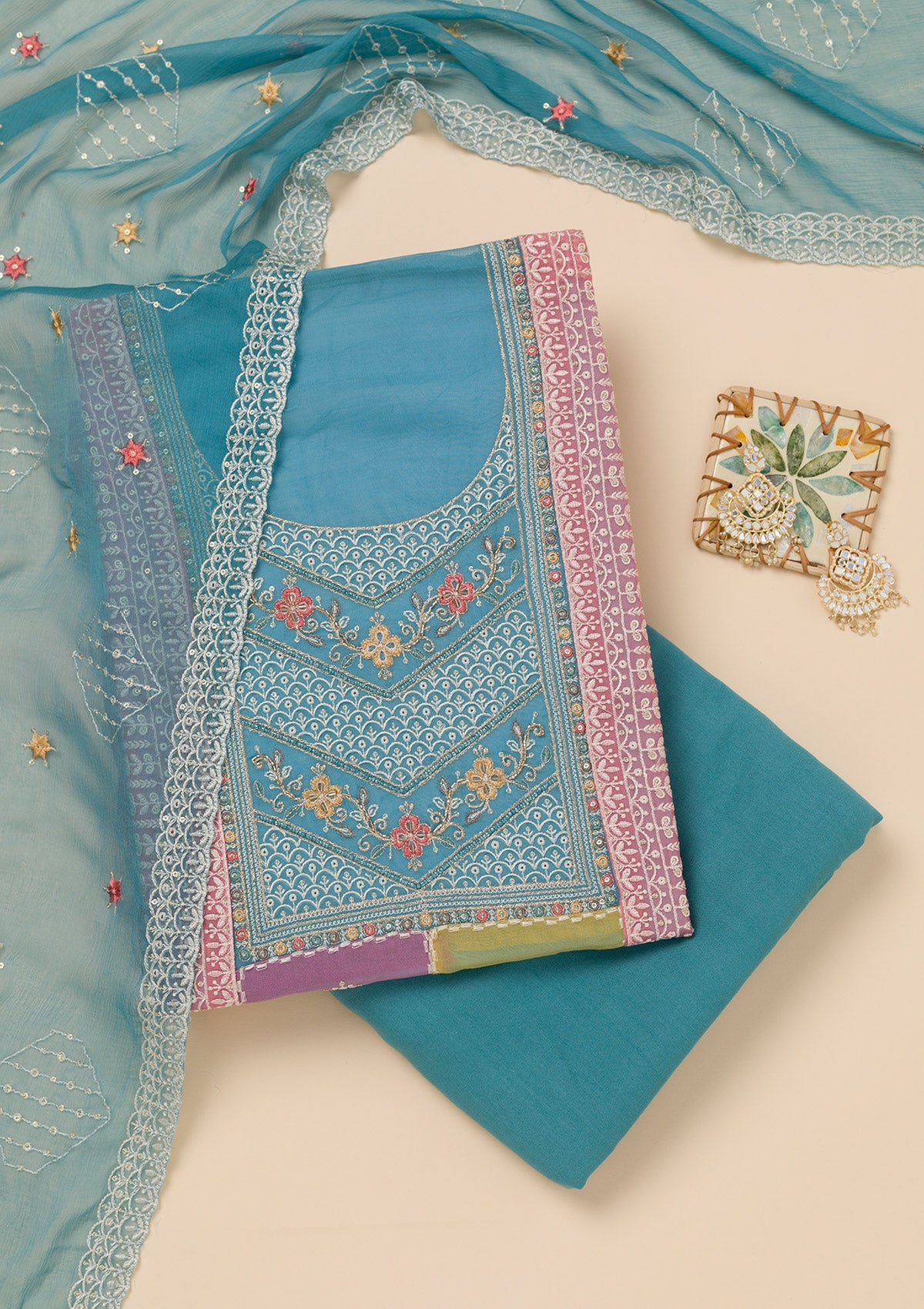 Sky Blue Threadwork Organza Unstitched Salwar Suit-Koskii