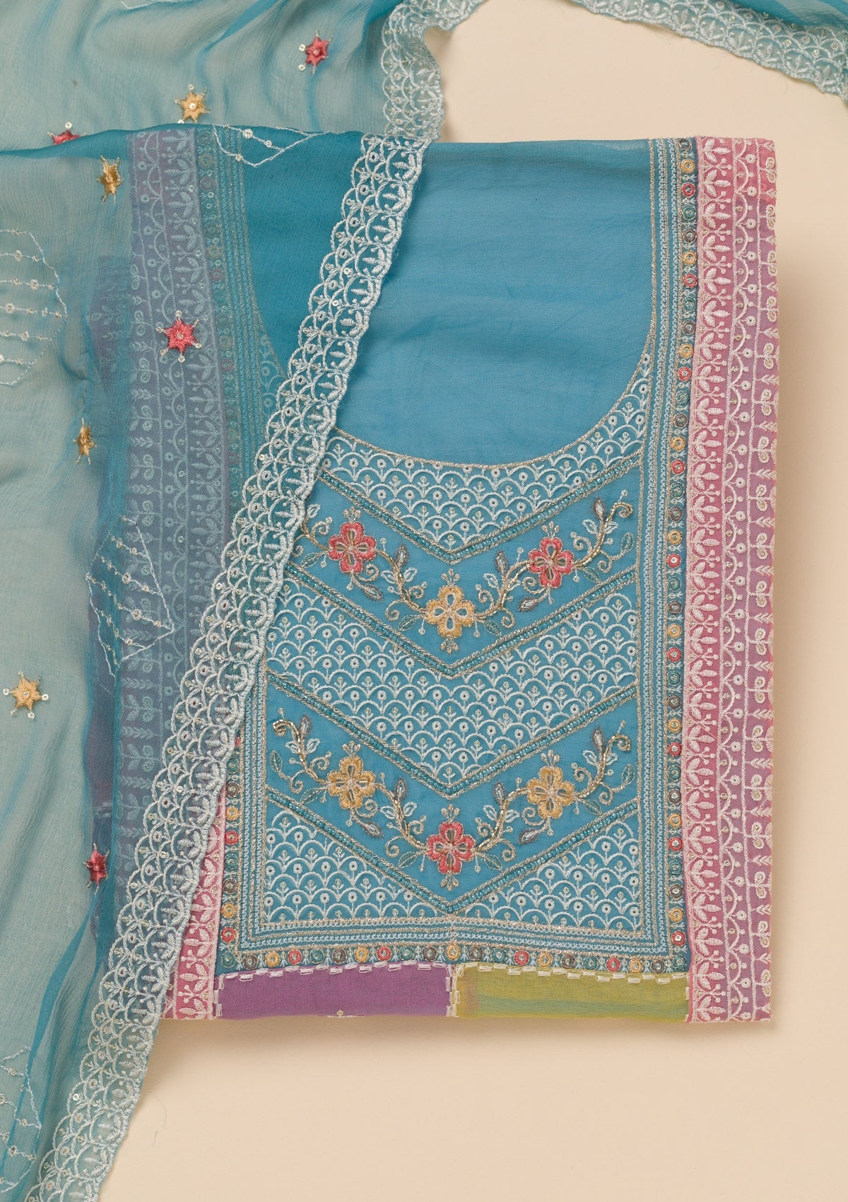 Sky Blue Threadwork Organza Unstitched Salwar Suit-Koskii