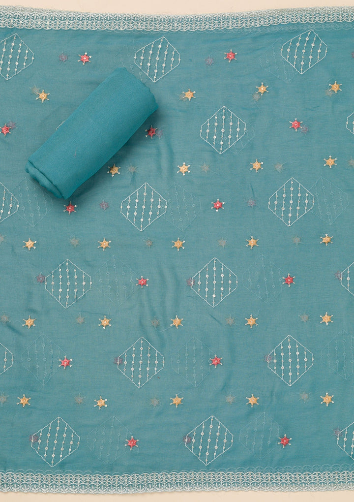 Sky Blue Threadwork Organza Unstitched Salwar Suit-Koskii