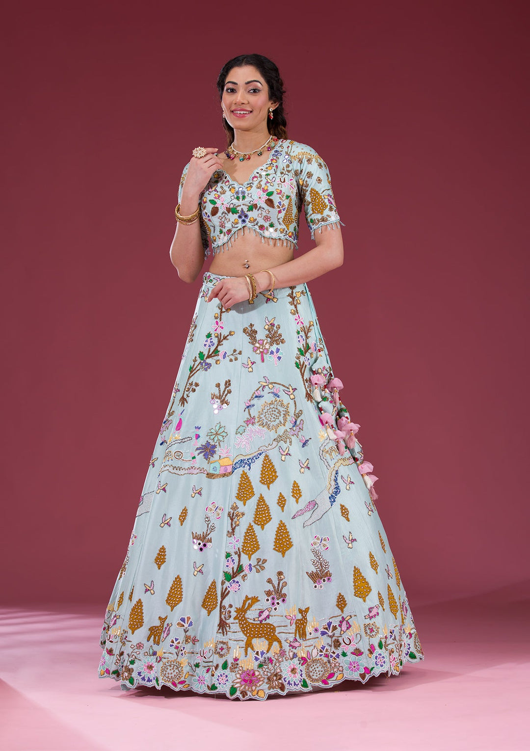 Sky Blue Threadwork Raw Silk Readymade Lehenga-Koskii