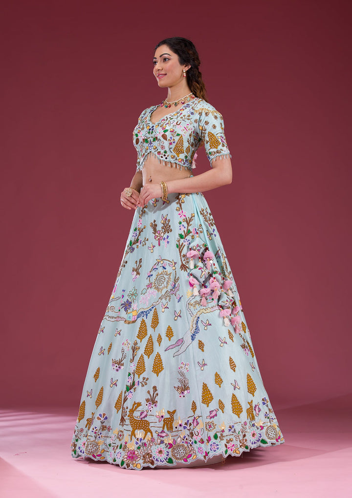 Sky Blue Threadwork Raw Silk Readymade Lehenga-Koskii