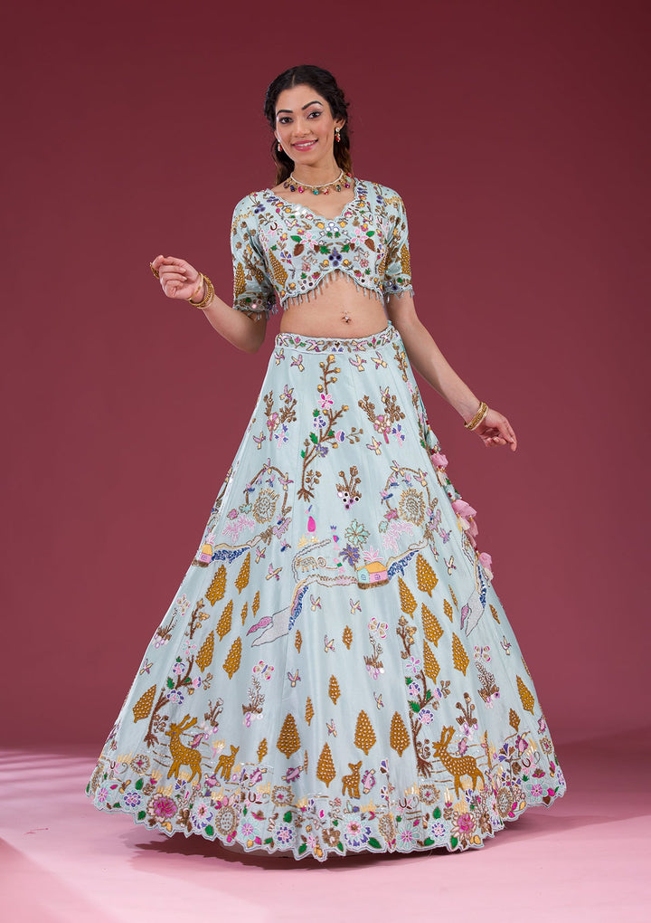 Sky Blue Threadwork Raw Silk Readymade Lehenga-Koskii