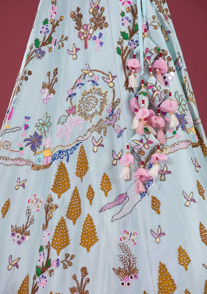 Sky Blue Threadwork Raw Silk Readymade Lehenga-Koskii