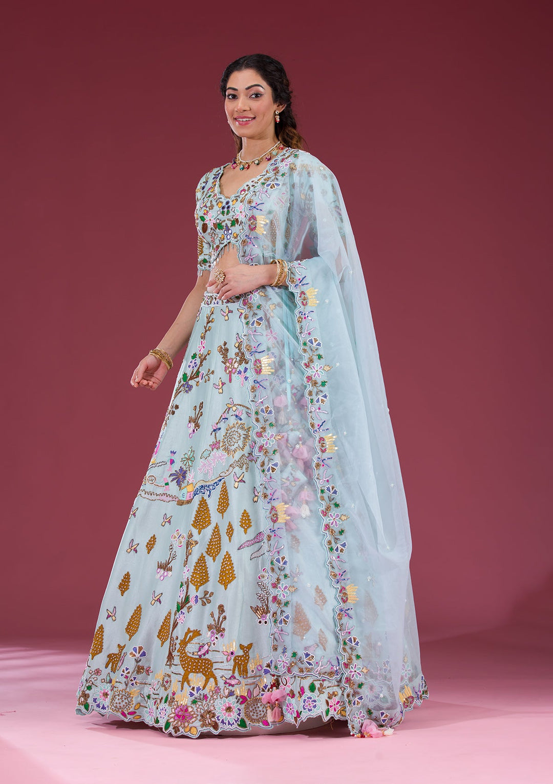 Sky Blue Threadwork Raw Silk Readymade Lehenga-Koskii