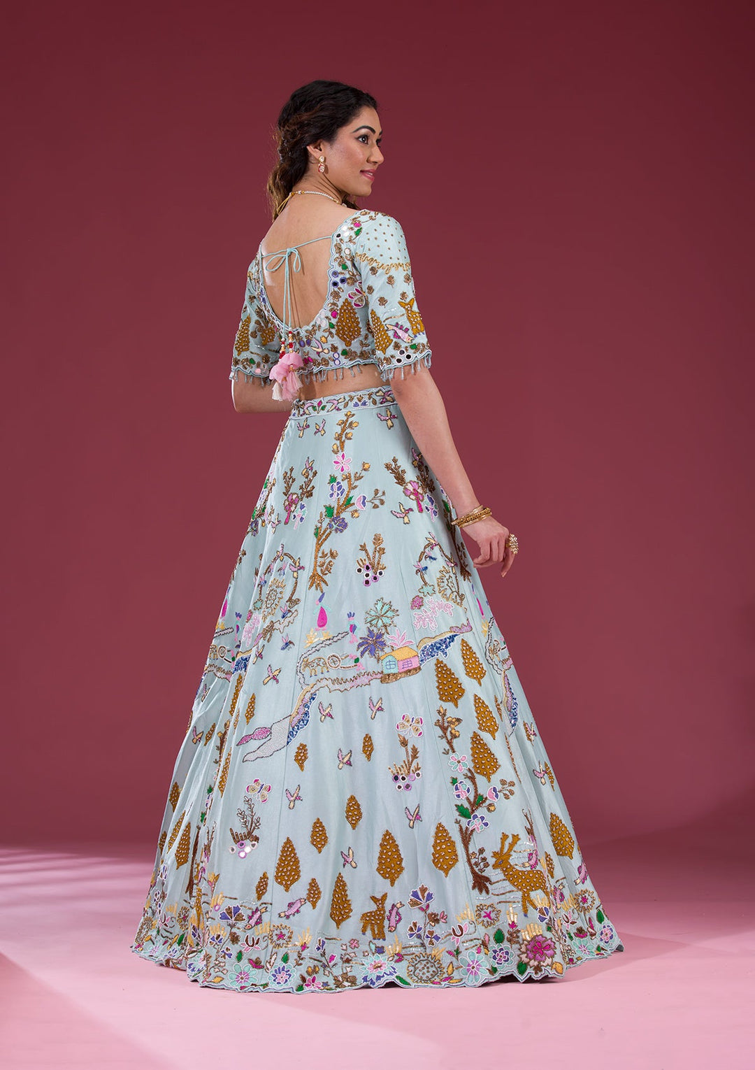 Sky Blue Threadwork Raw Silk Readymade Lehenga-Koskii
