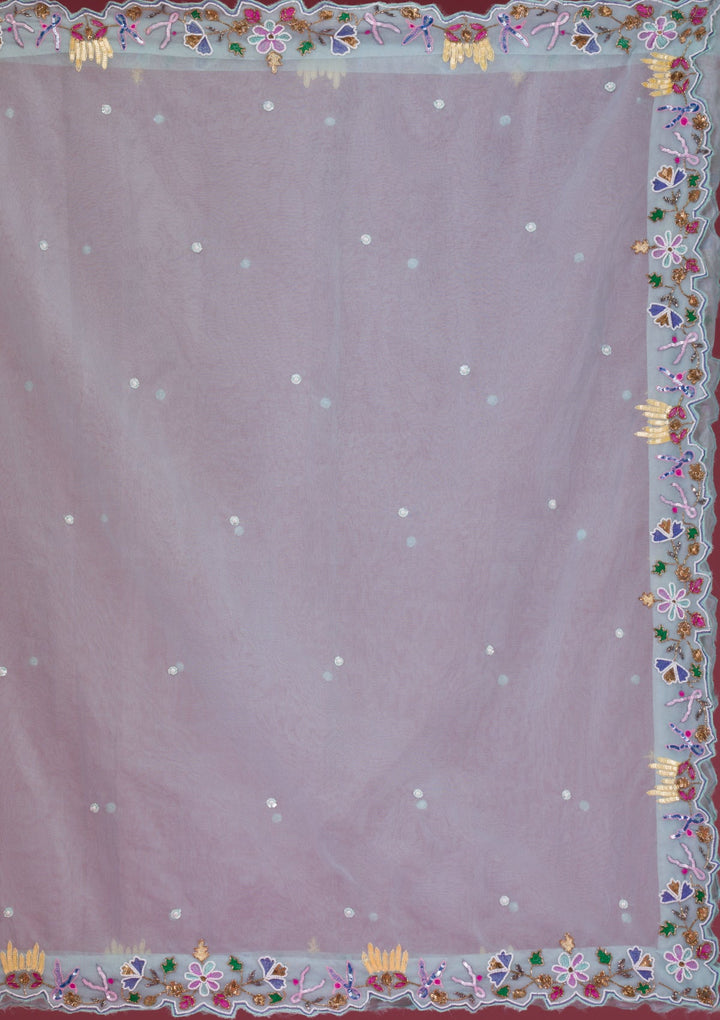 Sky Blue Threadwork Raw Silk Readymade Lehenga-Koskii