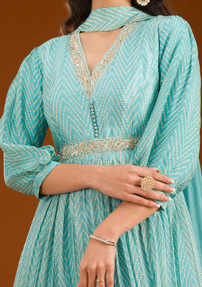 Sky Blue Threadwork Semi Crepe Readymade Salwar Suit-Koskii