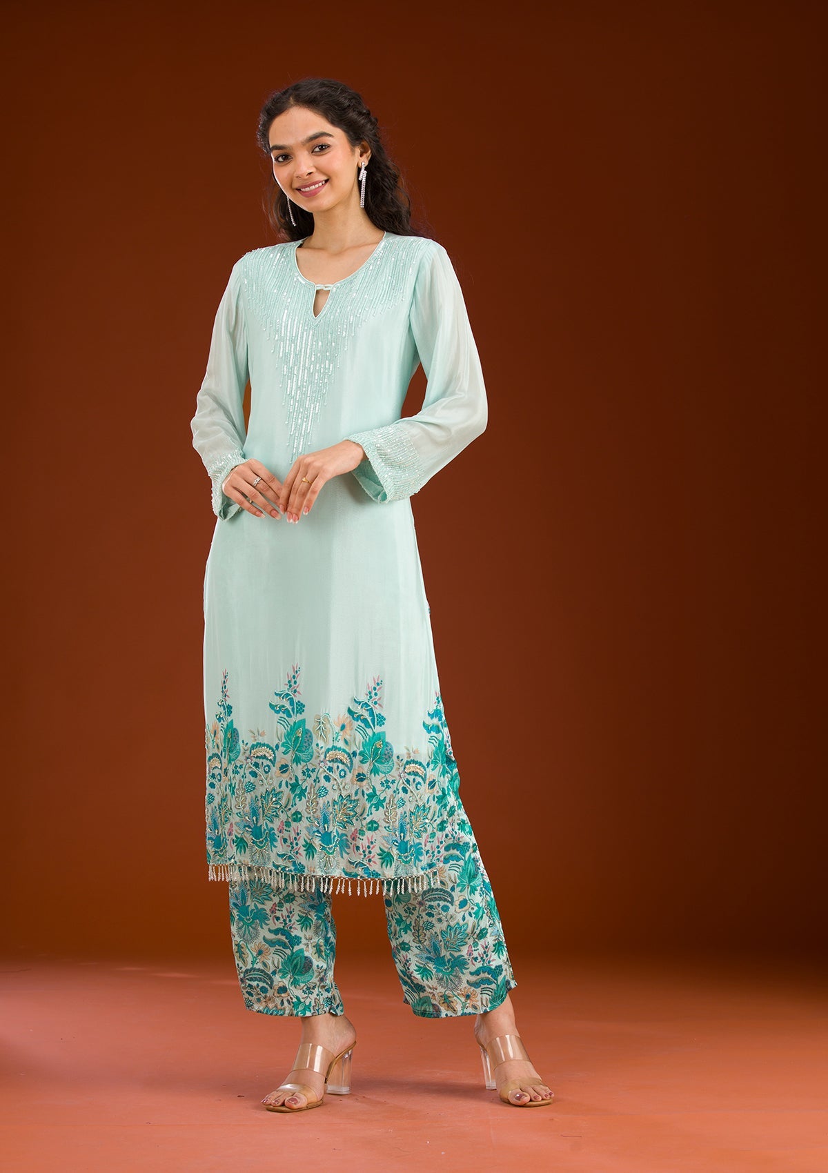 Sky Blue Threadwork Semi Crepe Readymade Salwar Suit-Koskii